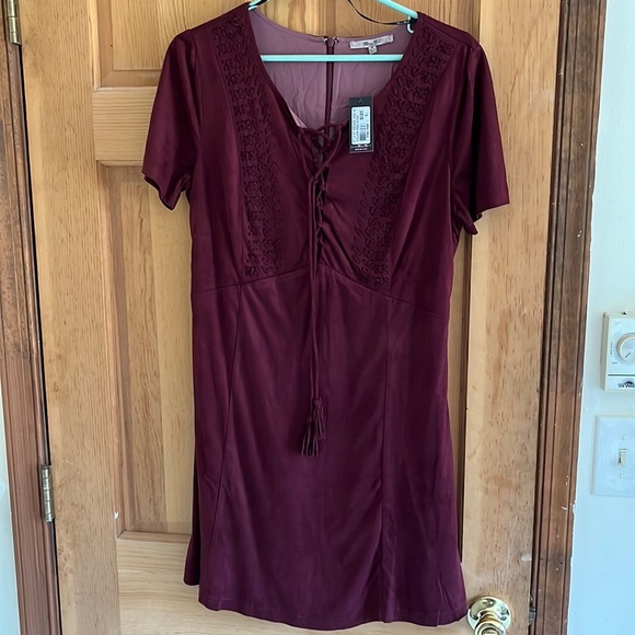 **consigned** MissMe Wine Colored Suede Mini Dress with Lace Up Chest Detail - Picture 2 of 12